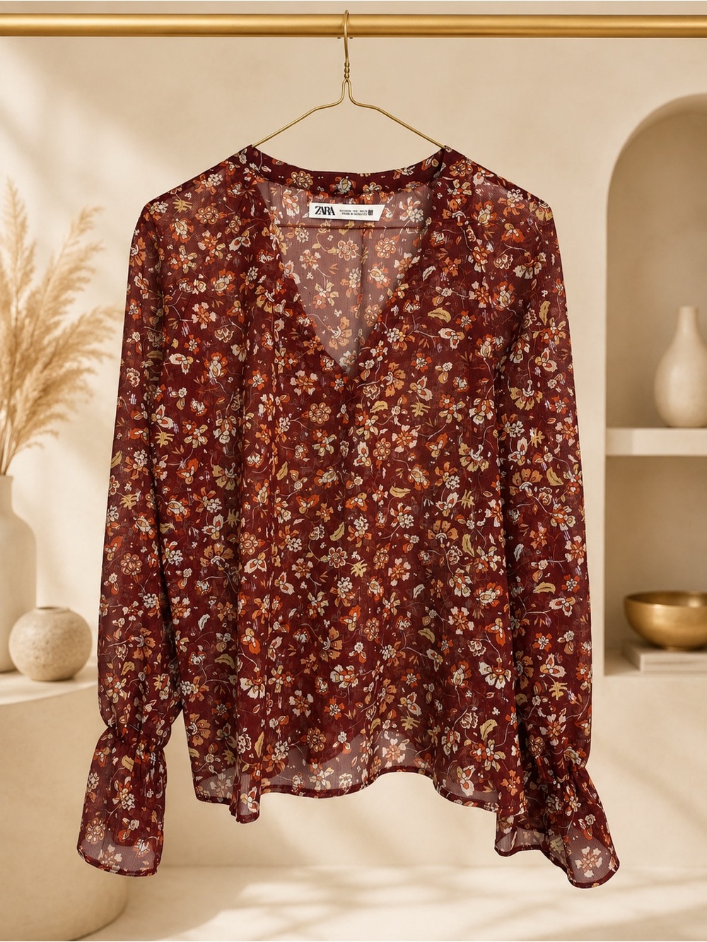 Zara Womens M Burgundy Floral Sheer Long Sleeve Ruffle Blouse